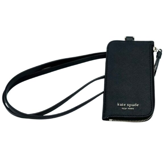 KATE SPADE~STACI~Black Leather Card Case Lanyard Card Holder - Picture 1 of 5